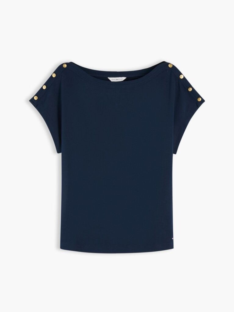 Μπλε T-Shirt Με Χρυσά Κουμπιά Και Ανοιχτή Λαιμόκοψη  Γυναίκες