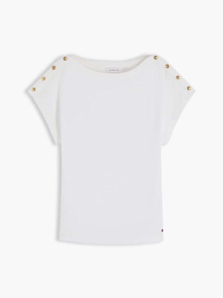 Άσπρο T-Shirt Με Χρυσά Κουμπιά Και Ανοιχτή Λαιμόκοψη  Γυναίκες