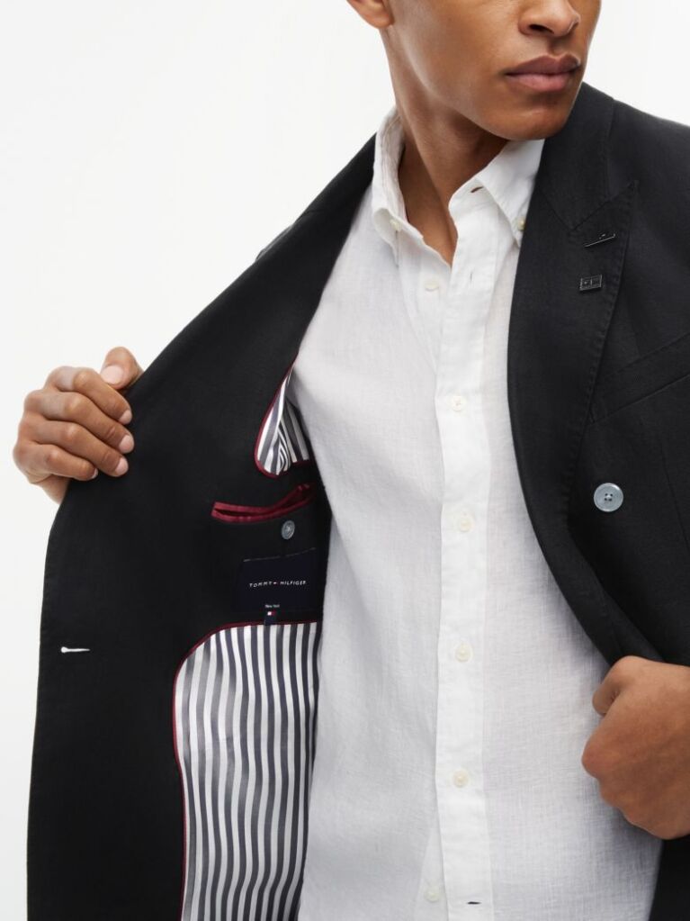 Μαύρο Smart Casual Λινό Blazer Σε Κανονική Γραμμή  Άνδρες