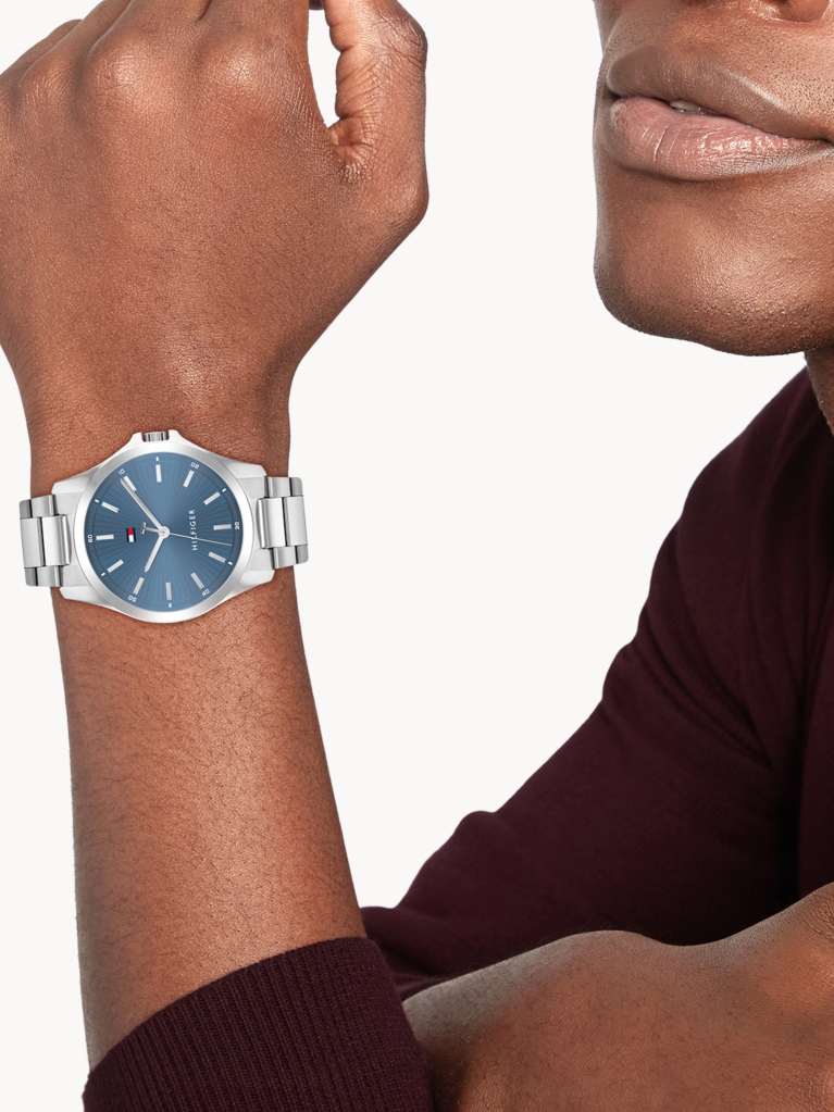 Blue Silver-Plated Stainless Steel Watch  Men