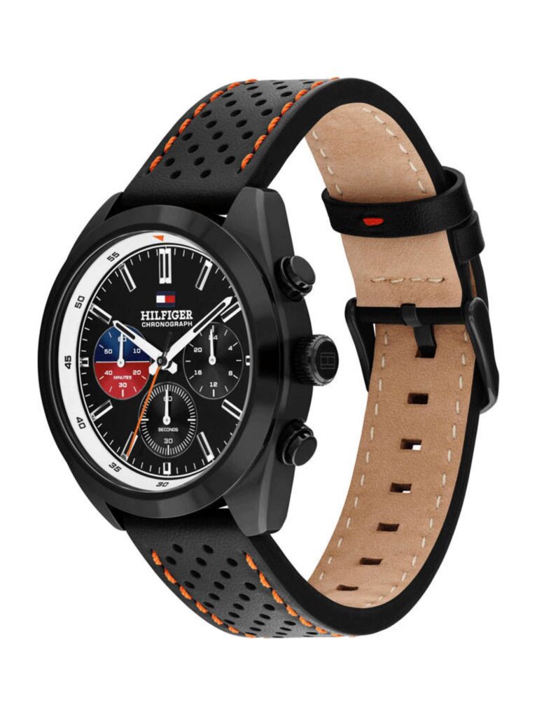 Black Black Perforated Leather Contrast Bezel Watch  Men
