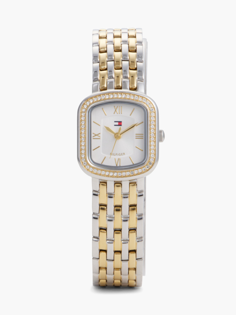 White Crystal Bezel Two-Tone Rectangular Dial Watch  Women