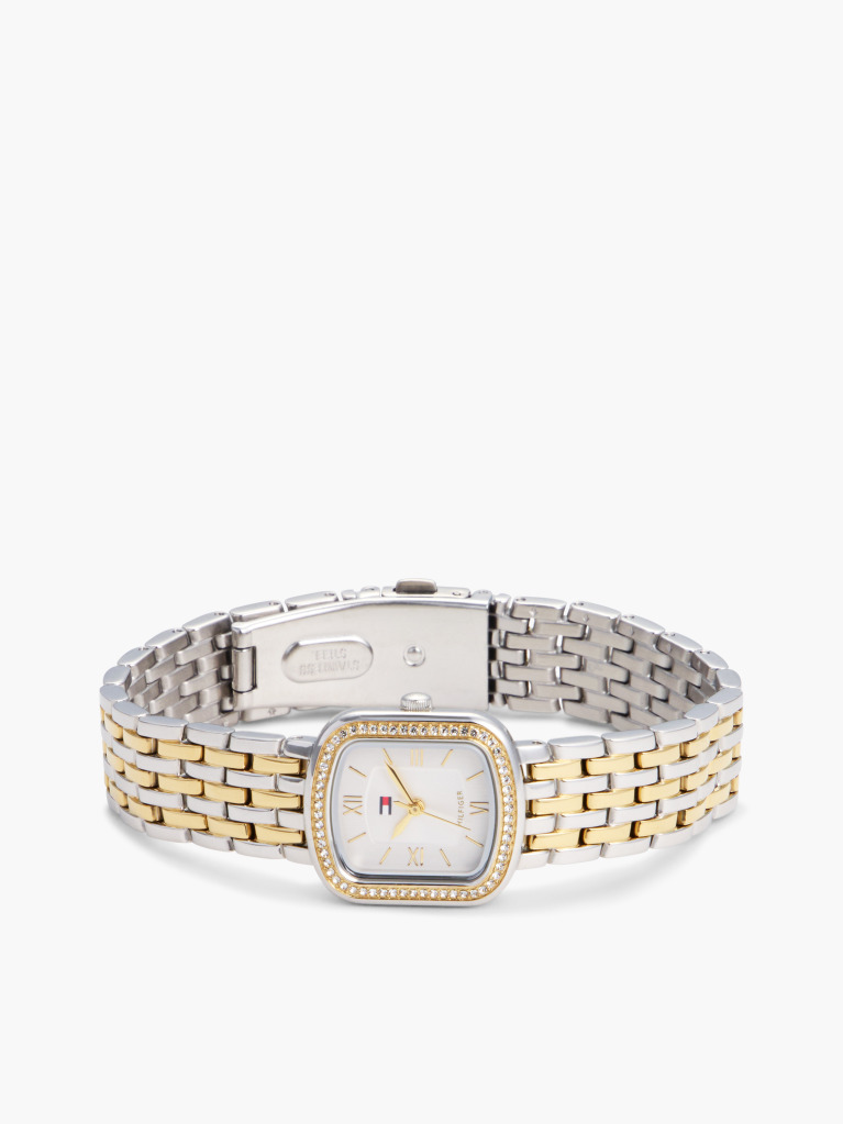White Crystal Bezel Two-Tone Rectangular Dial Watch  Women