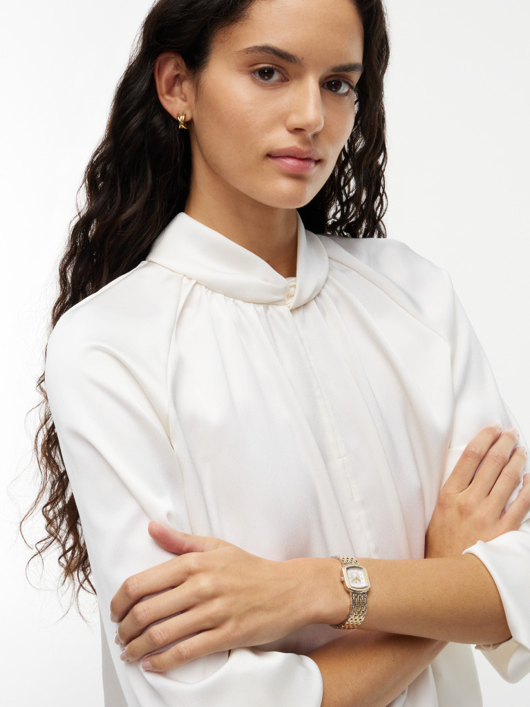 White Crystal Bezel Two-Tone Rectangular Dial Watch  Women