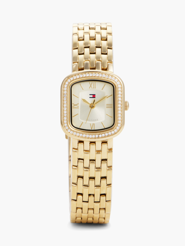 White Crystal Bezel Gold-Plated Rectangular Dial Watch  Women