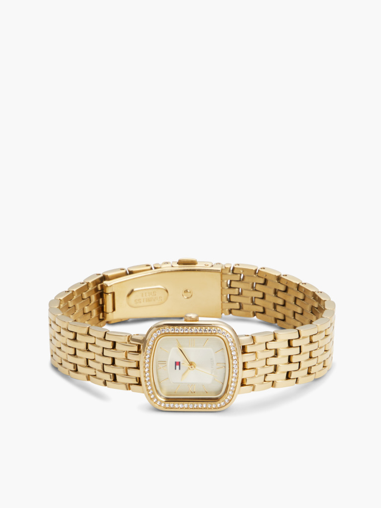 White Crystal Bezel Gold-Plated Rectangular Dial Watch  Women