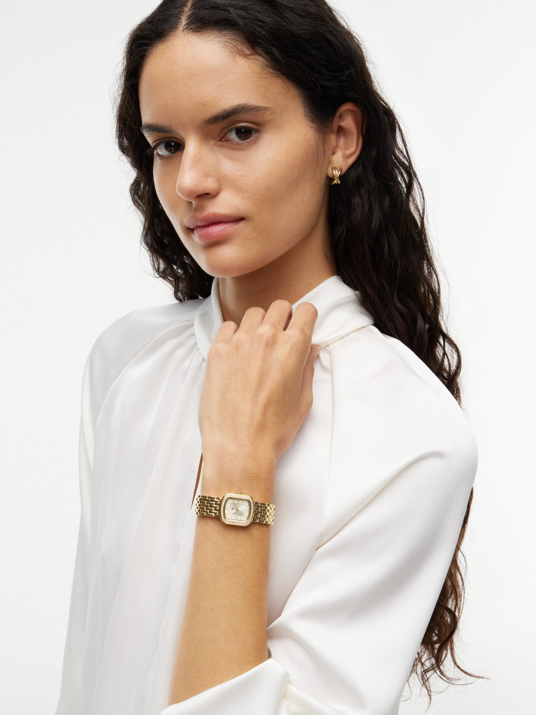White Crystal Bezel Gold-Plated Rectangular Dial Watch  Women