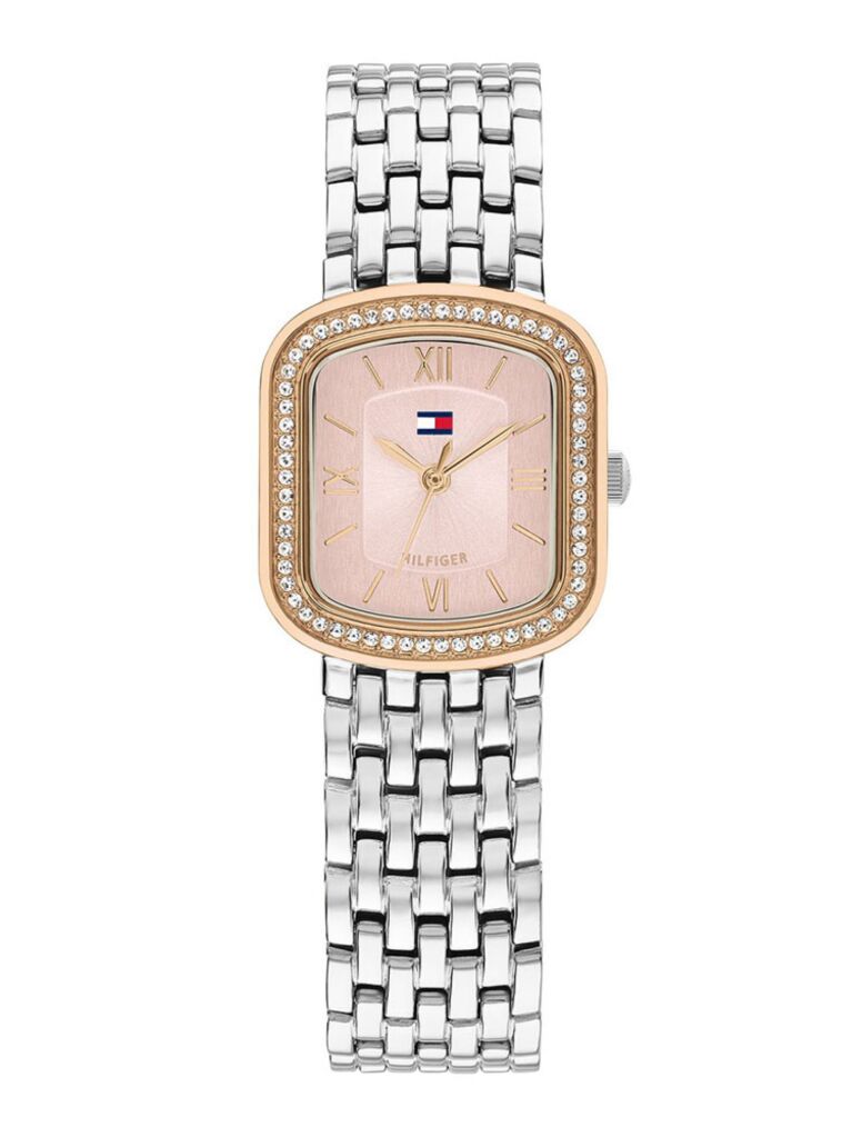 Pink Crystal Bezel Silver Rectangular Dial Watch  Women