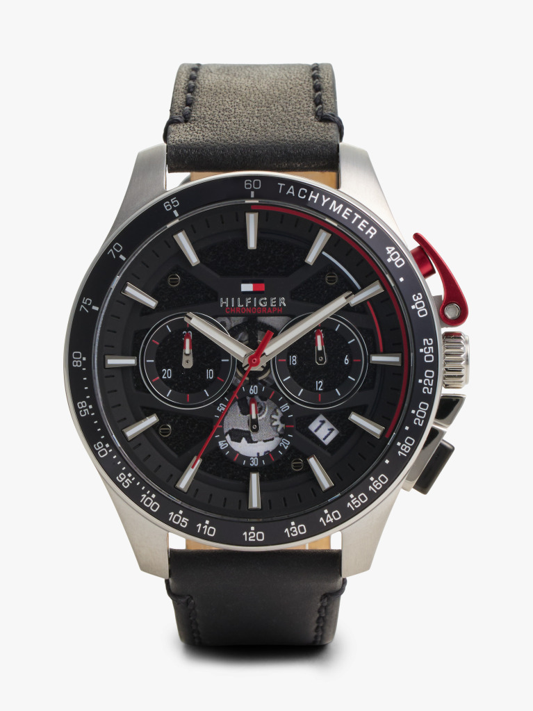 Black Black Leather Strap Chronograph Watch  Men