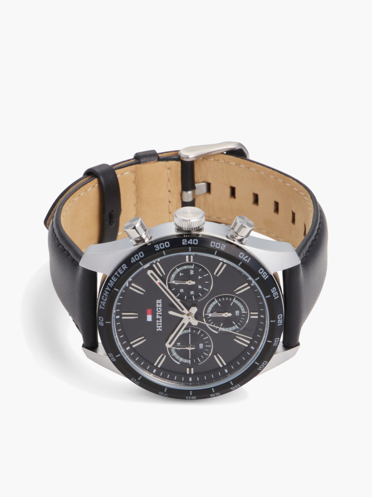 Black Black Leather Strap Chronograph Watch  Men