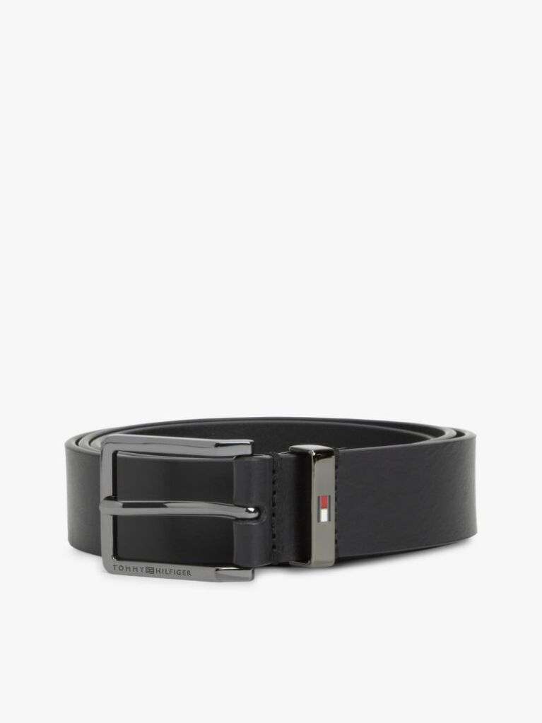 Black Debossed Logo Square Buckle Leather Belt  Men