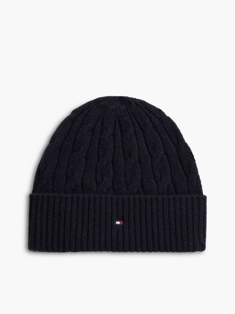 Blue Lambswool Blend Cable Knit Flag Beanie  Men