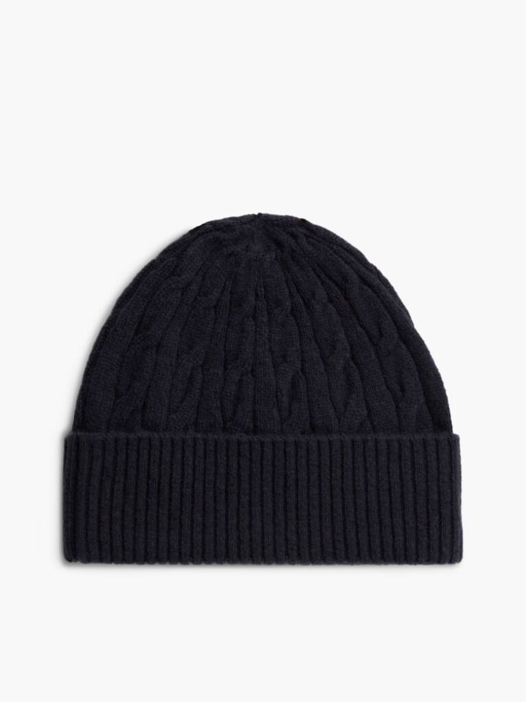 Blue Lambswool Blend Cable Knit Flag Beanie  Men