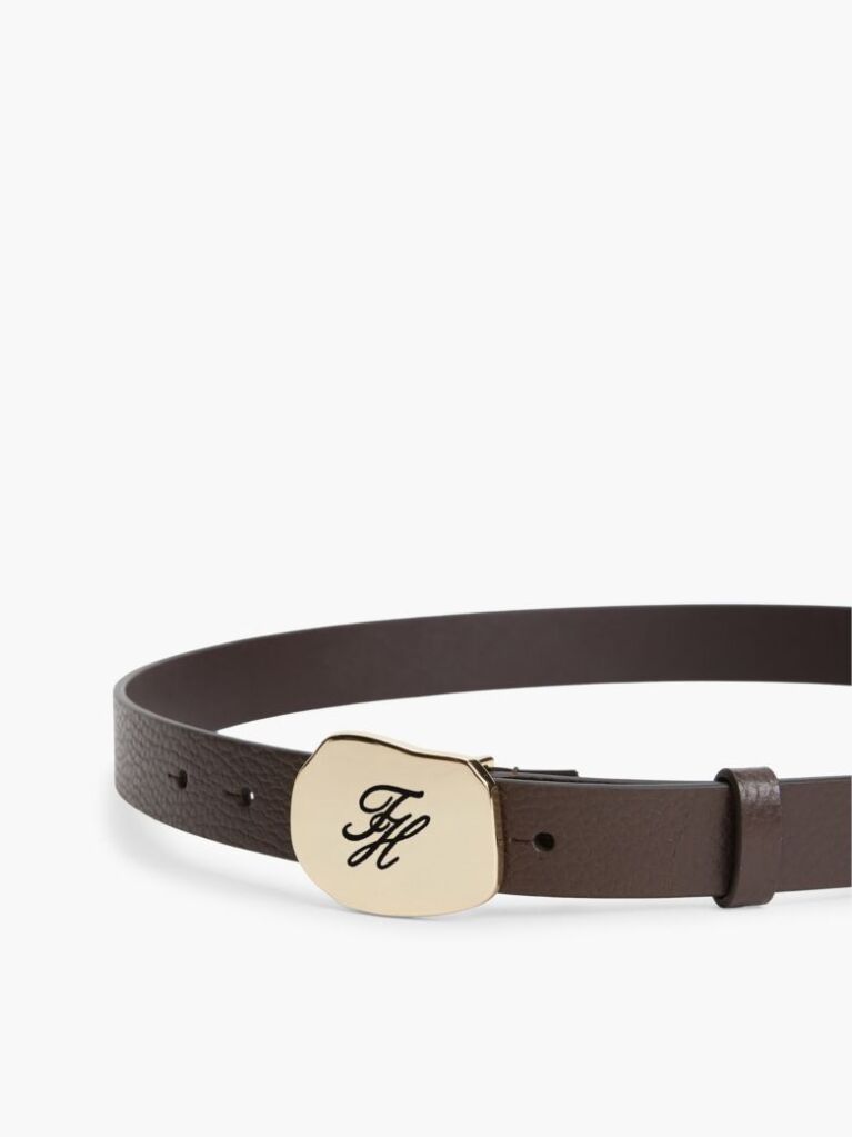 Brown Pebble Grain Leather Logo Plaque Belt  Women
