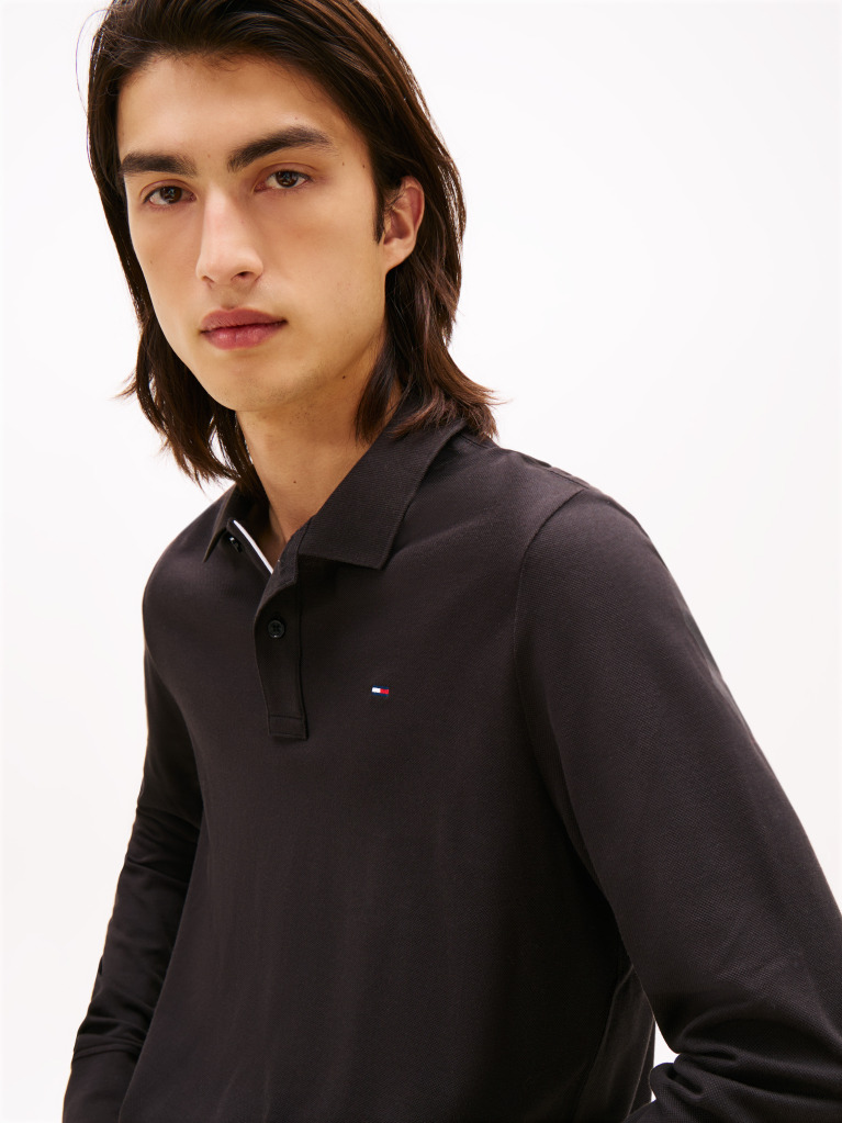 Black Slim Placket Long Sleeve Polo  Men