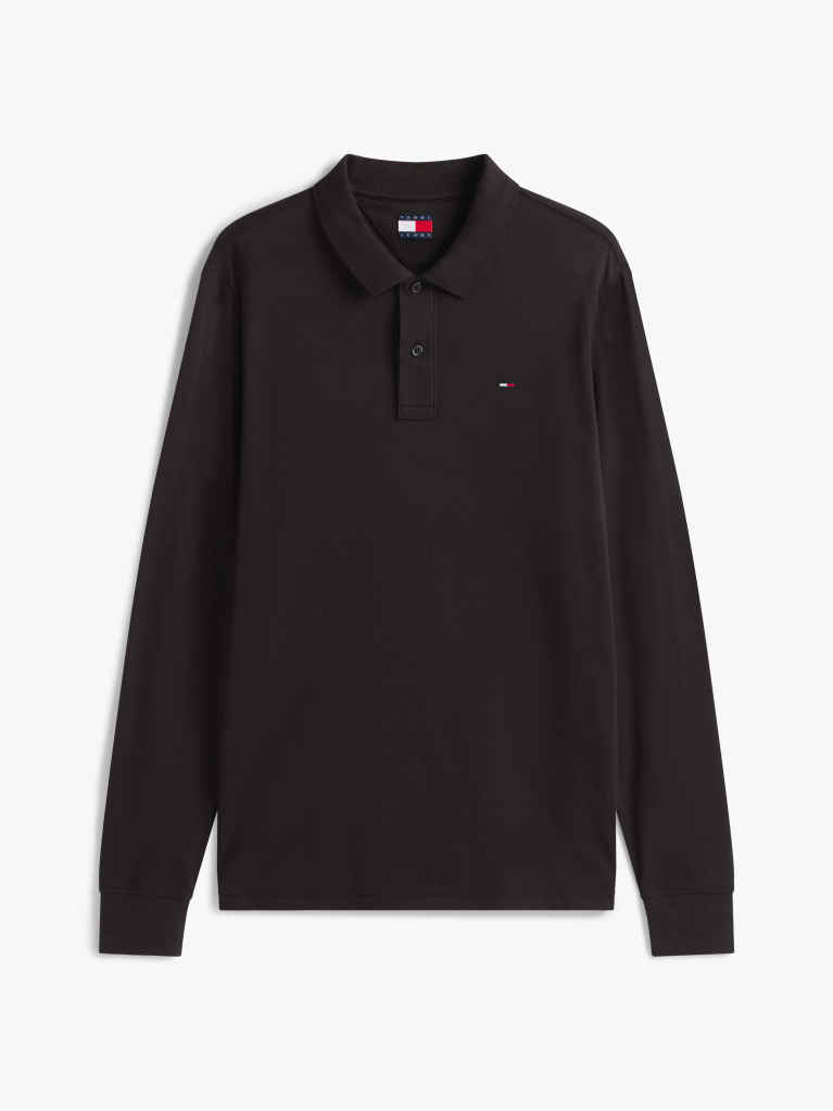Black Slim Placket Long Sleeve Polo  Men