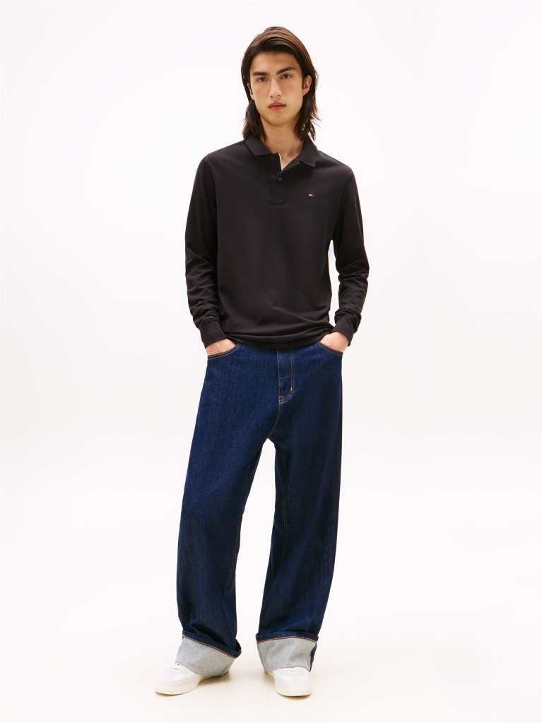 Black Slim Placket Long Sleeve Polo  Men