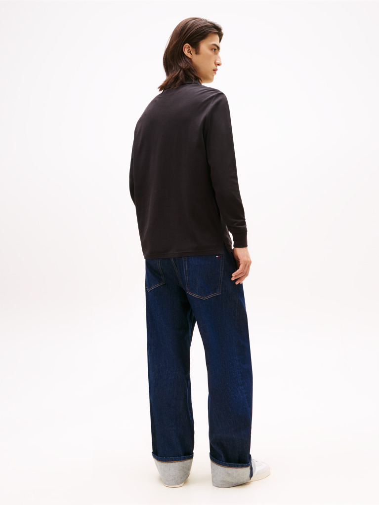 Black Slim Placket Long Sleeve Polo  Men