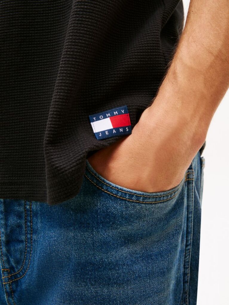 Μαύρο Slim T-Shirt Με Waffle Πλέξη Και Λογότυπο  Άνδρες