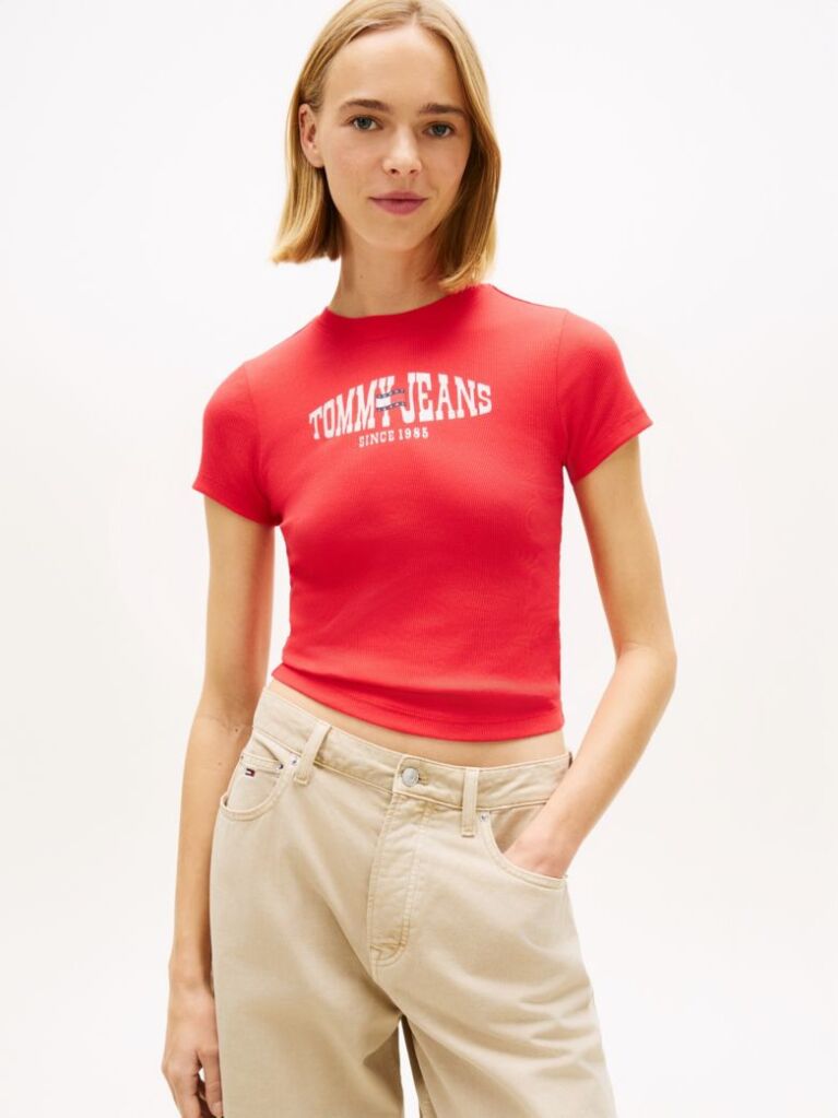 Red Wavy Flag Ribbed Slim T-Shirt  Women