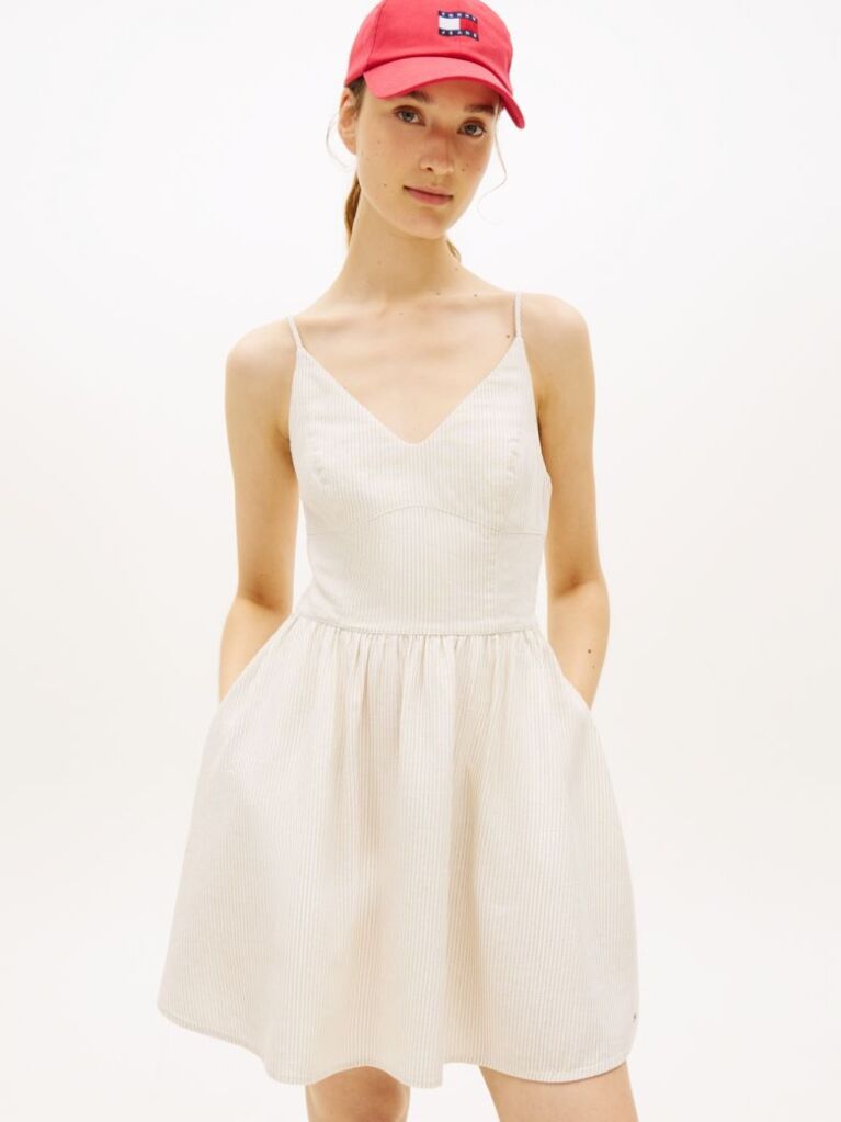 Beige Extra Slim Linen Blend Mini Skater Dress  Women
