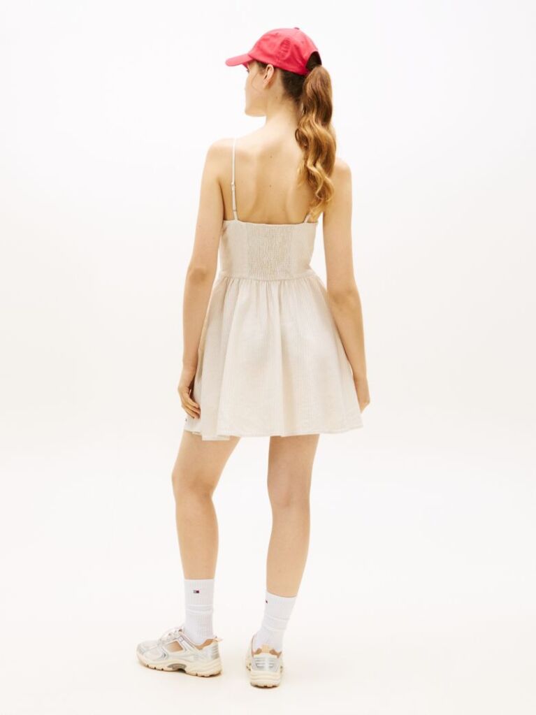 Beige Extra Slim Linen Blend Mini Skater Dress  Women