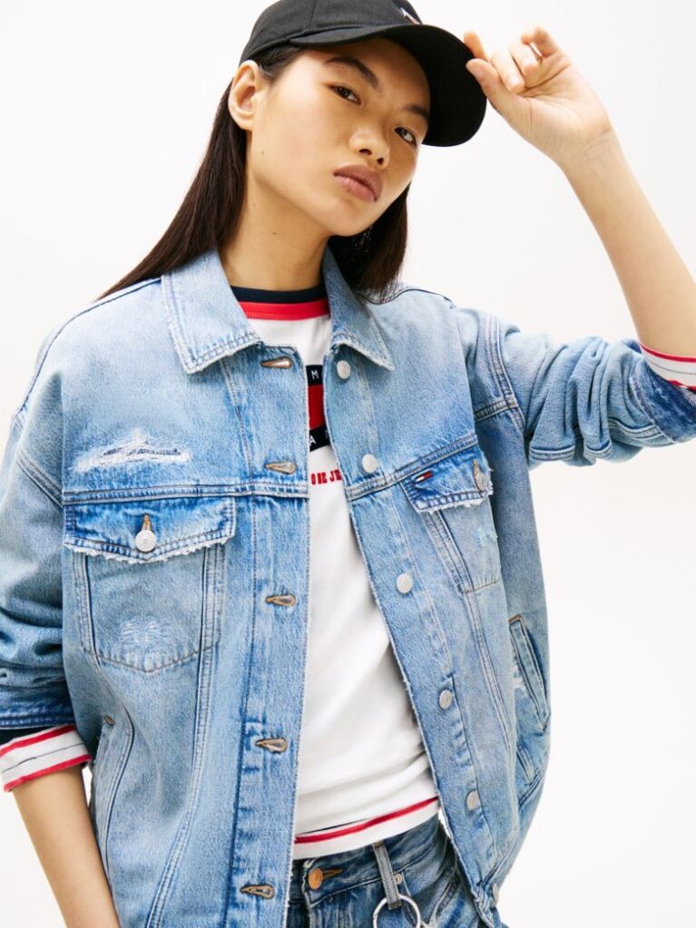 Denim Distressed Oversized Denim Trucker Jacket  Women