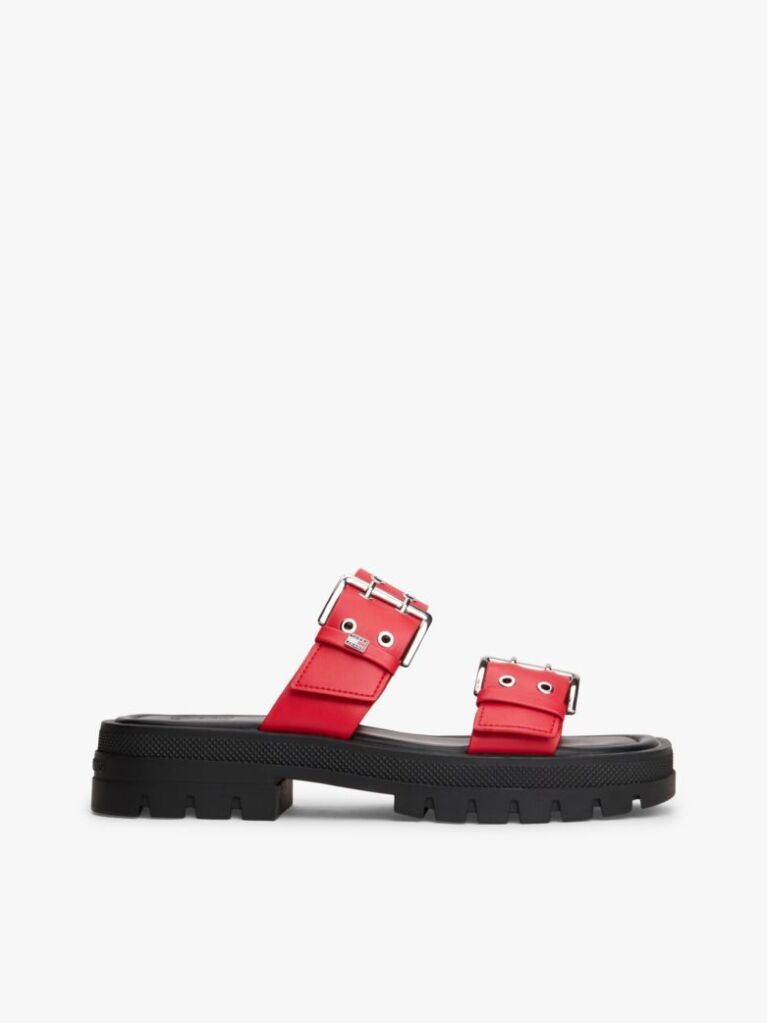 Red Chunky Cleat Double Buckle Sandals  Women