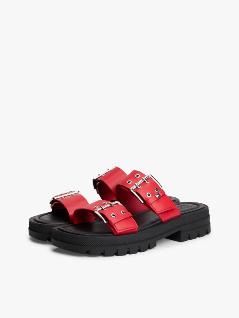 Red Chunky Cleat Double Buckle Sandals  Women