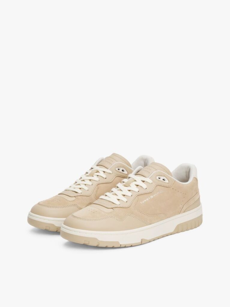 Beige Leather Mixed Texture Basketball Trainers  Men