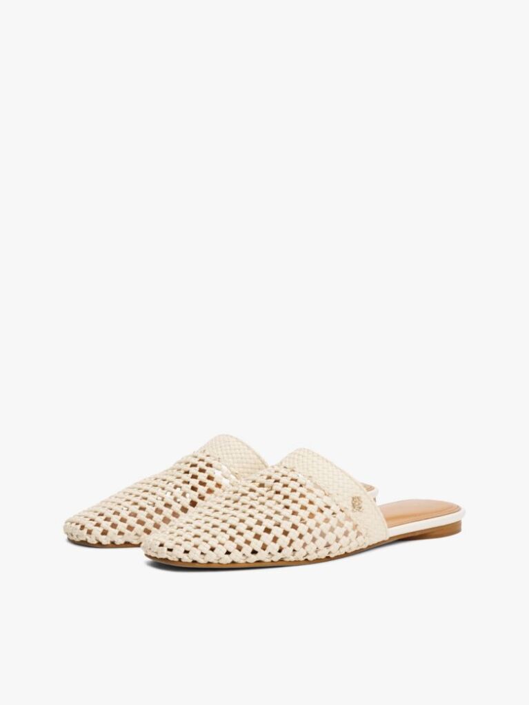 Beige Crochet TH Monogram Plaque Mules  Women
