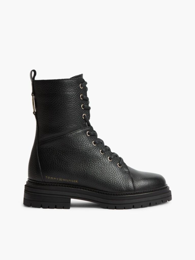 Black Pebble Grain Leather Cleat Lace-Up Boots  Women