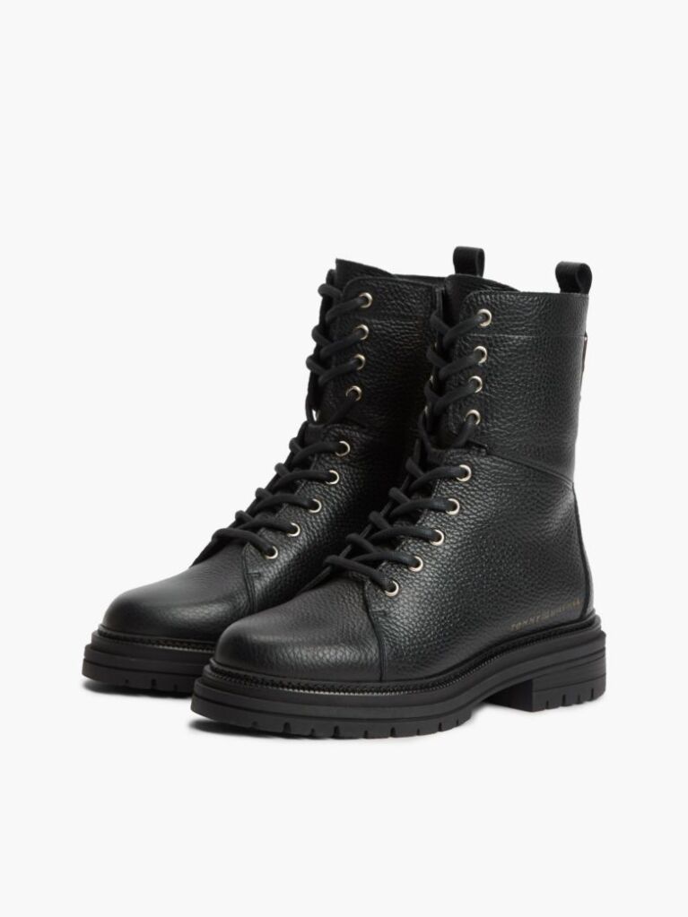 Black Pebble Grain Leather Cleat Lace-Up Boots  Women