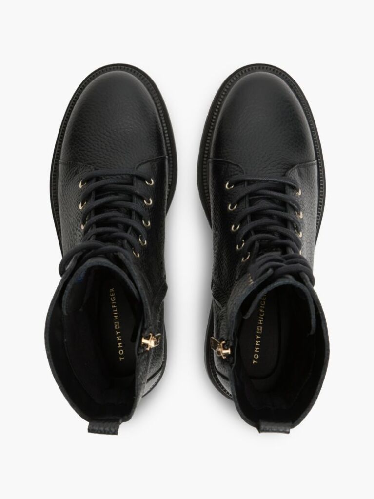 Black Pebble Grain Leather Cleat Lace-Up Boots  Women