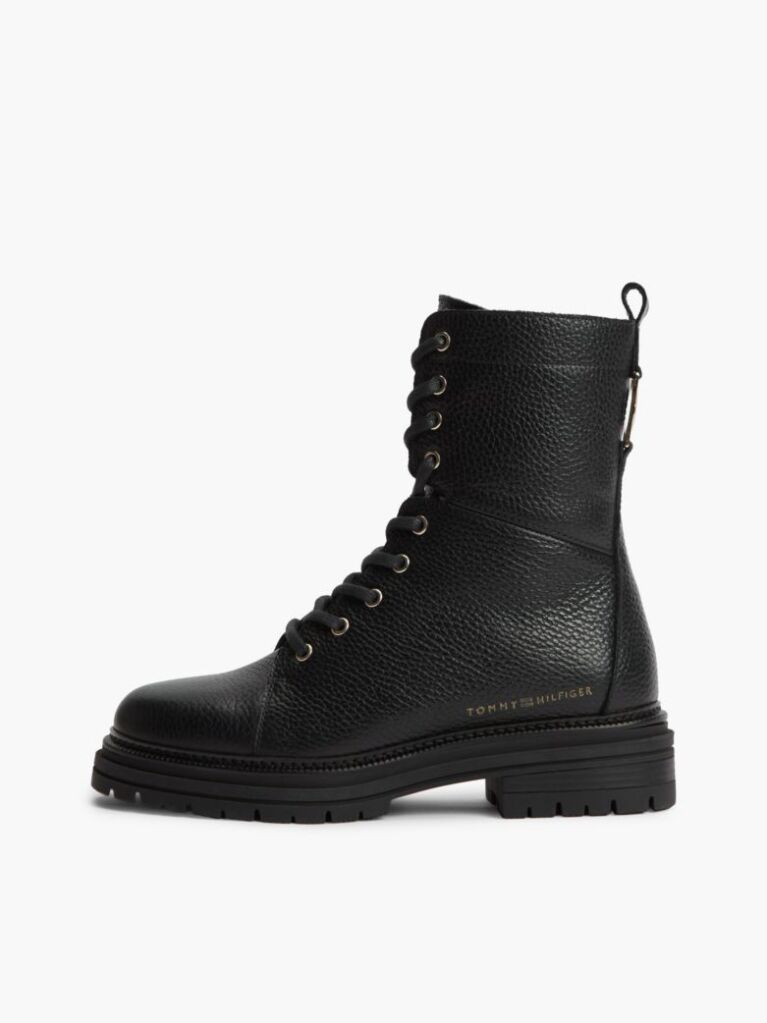 Black Pebble Grain Leather Cleat Lace-Up Boots  Women