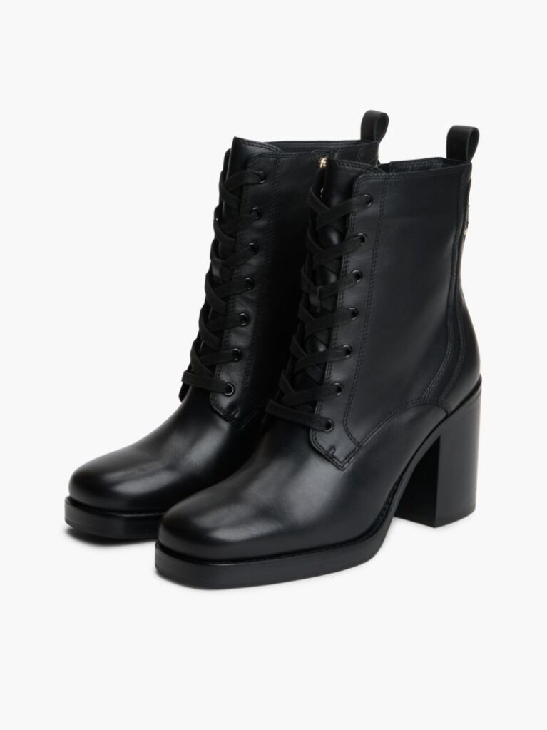 Black Leather Square Toe Lace-Up Boots  Women