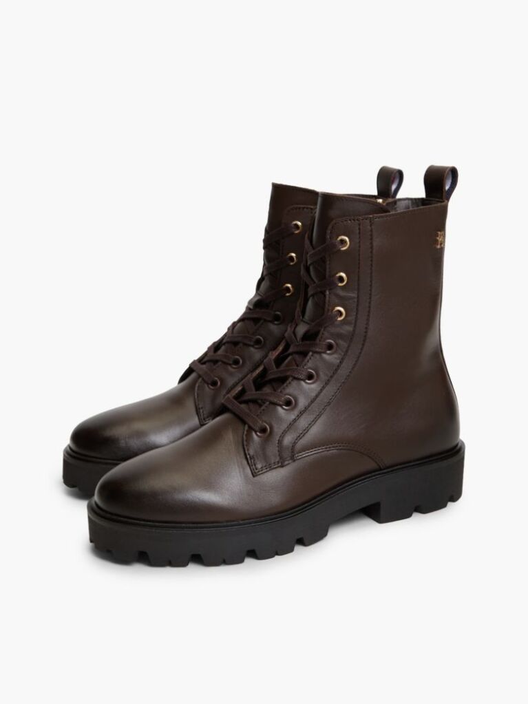 Brown TH Monogram Leather Lace-Up Boots  Women