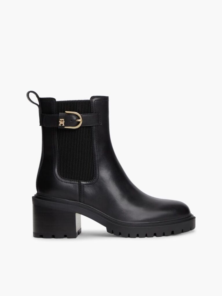 Black Leather Buckle Block Heel Chelsea Boots  Women