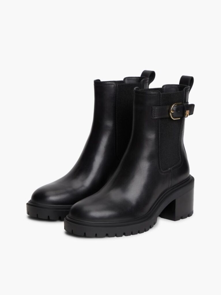 Black Leather Buckle Block Heel Chelsea Boots  Women