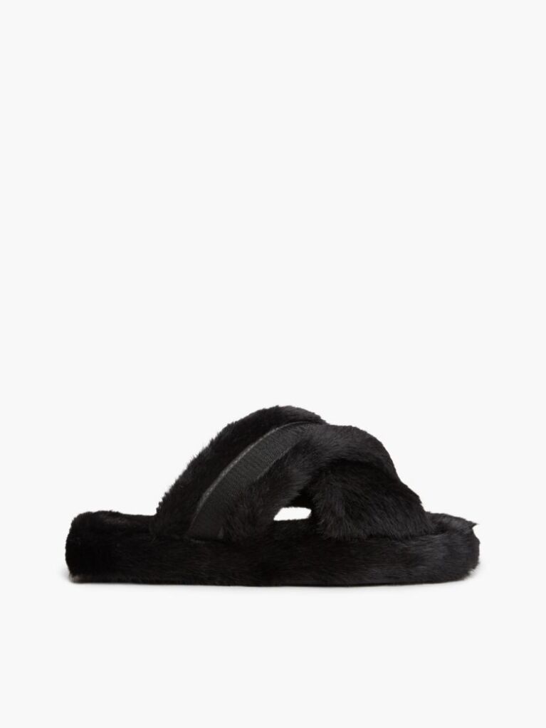 Black Faux Fur Crossover Strap Slippers  Women