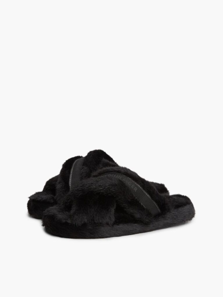 Black Faux Fur Crossover Strap Slippers  Women