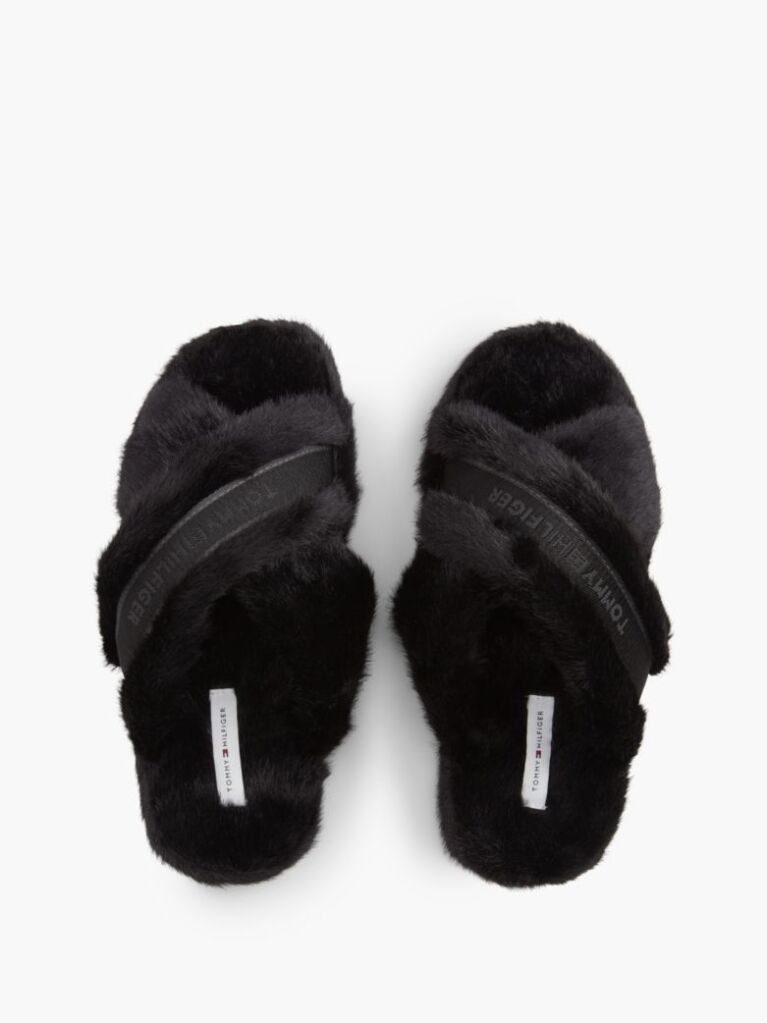 Black Faux Fur Crossover Strap Slippers  Women