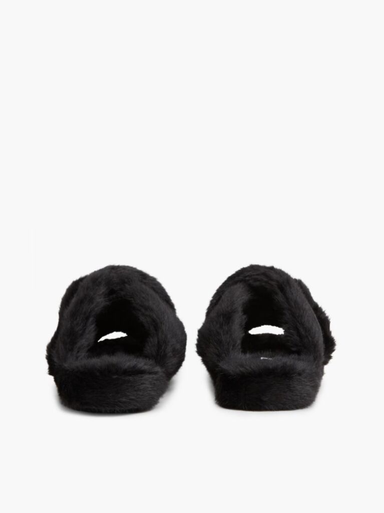 Black Faux Fur Crossover Strap Slippers  Women