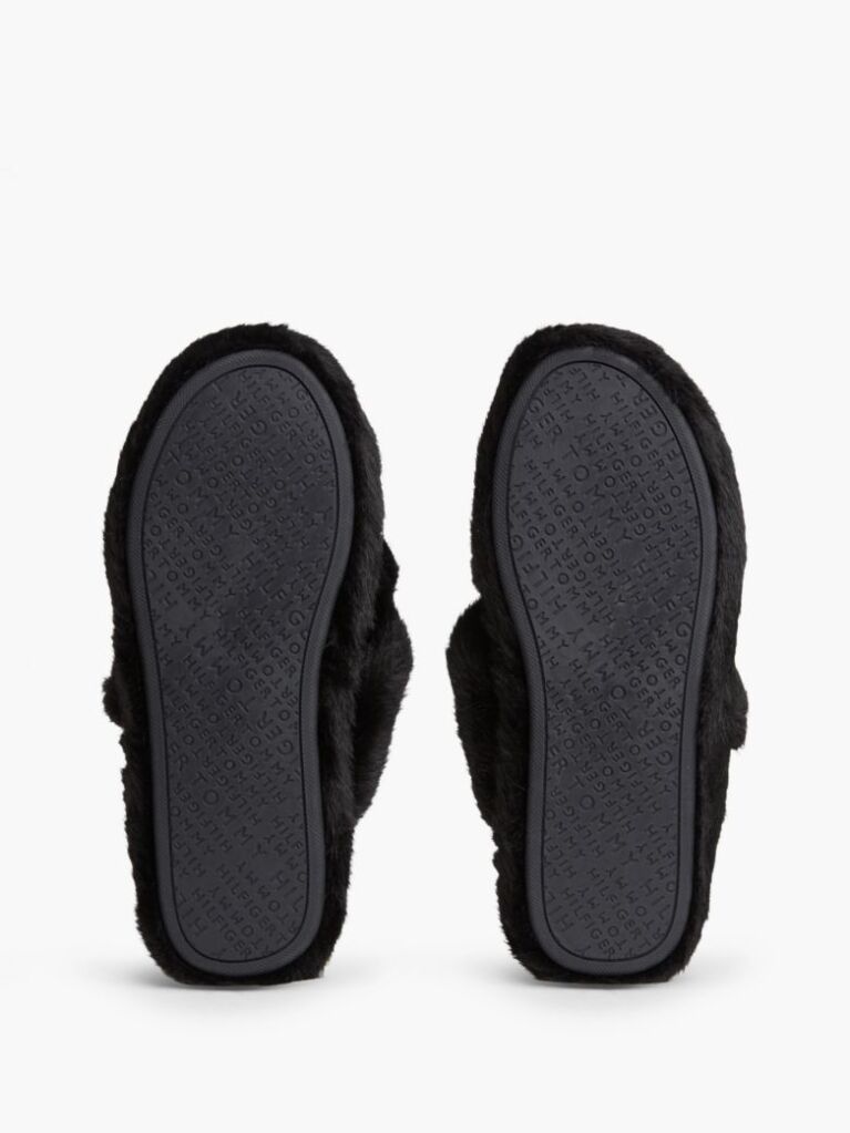 Black Faux Fur Crossover Strap Slippers  Women