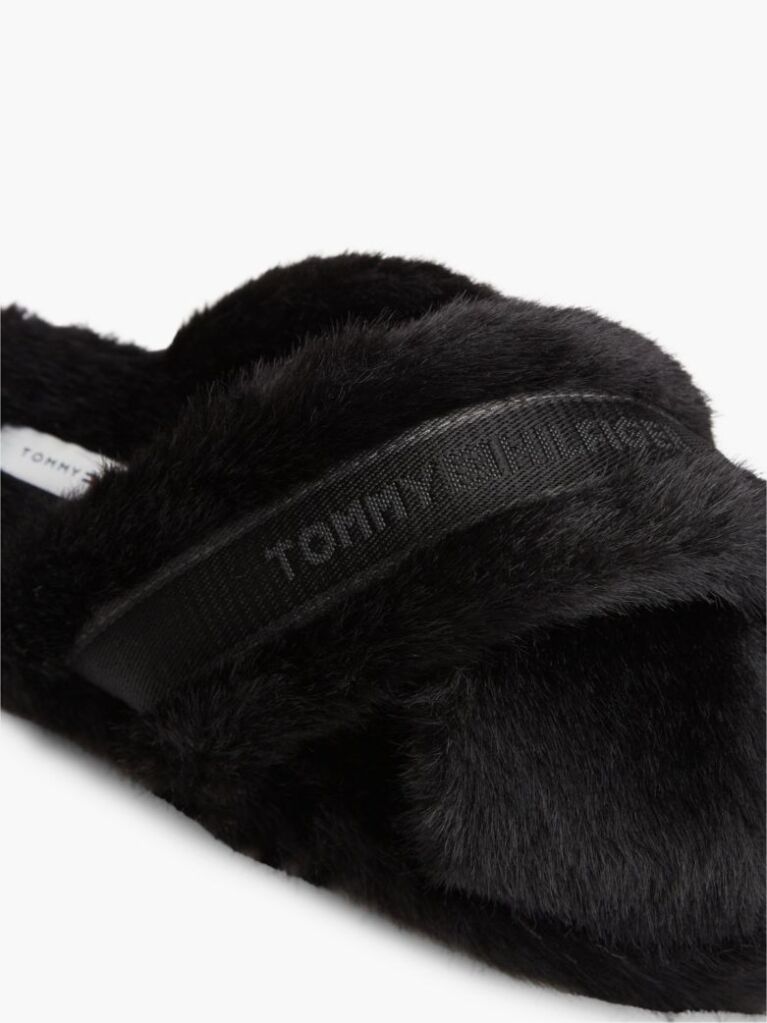 Black Faux Fur Crossover Strap Slippers  Women