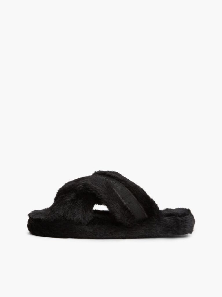 Black Faux Fur Crossover Strap Slippers  Women