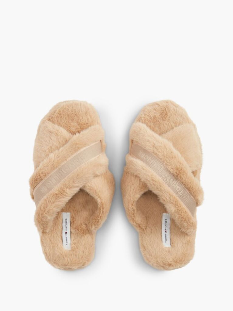 Pink Faux Fur Crossover Strap Slippers  Women
