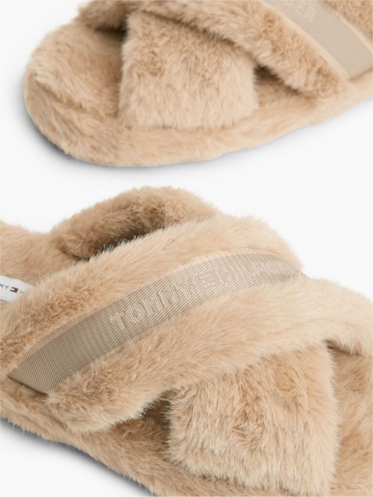 Pink Faux Fur Crossover Strap Slippers  Women