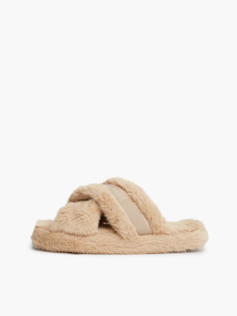 Pink Faux Fur Crossover Strap Slippers  Women