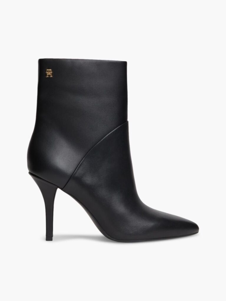 Black Leather Pointed Toe Heeled Ankle Boots  Women